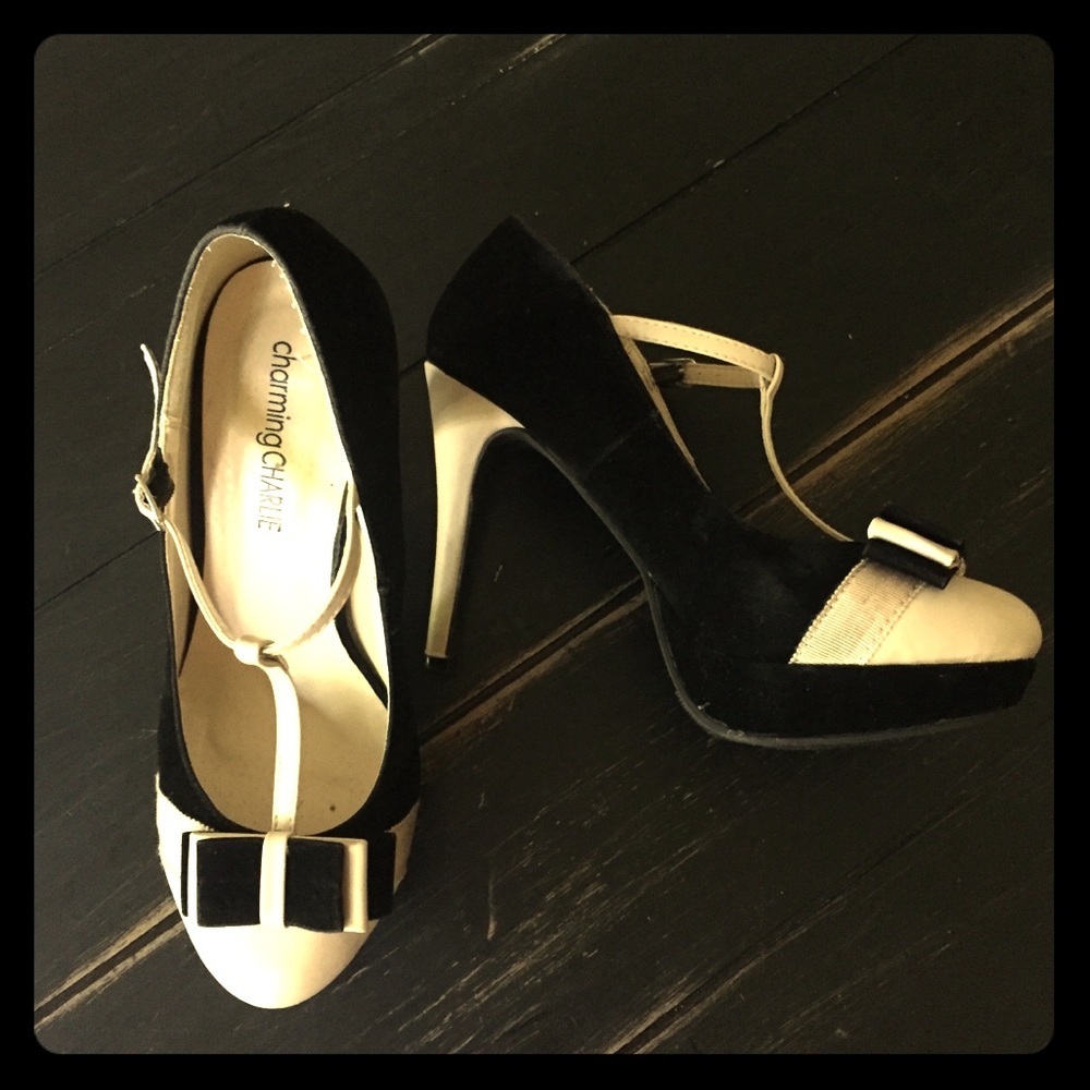 Black and White T-strap Pumps